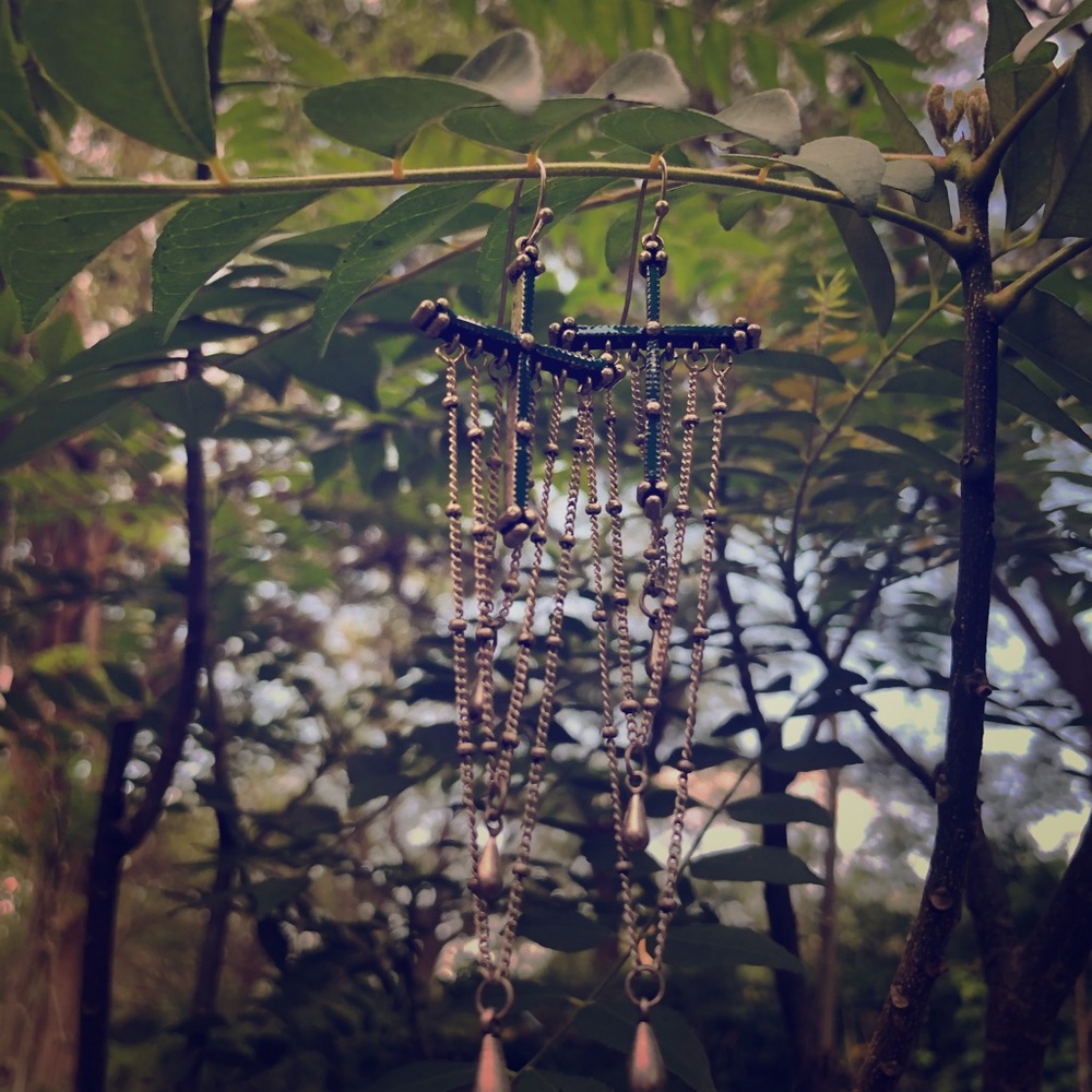 GREEN AND SILVER CROSS EARRINGS